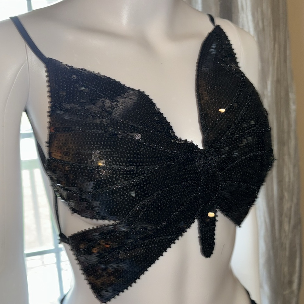 Black 2 pc sequin Butterfly halter top/Wrap skirt coverup set one size N… - Picture 4 of 12